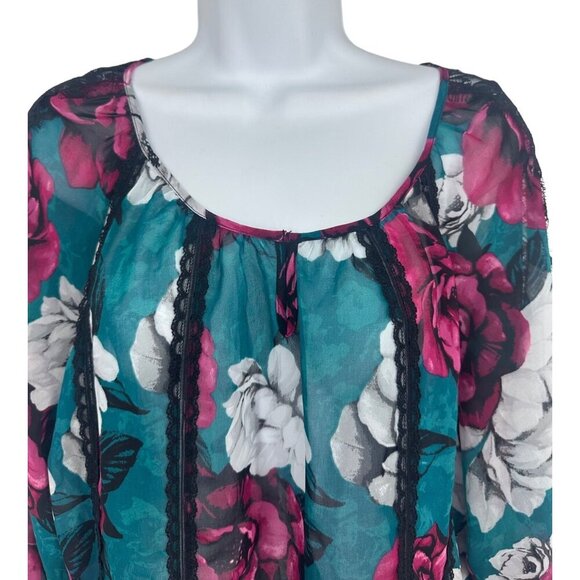White House Black Market Womens Green Red Floral Lace Trim Sheer Blouse Size M - Picture 2 of 10